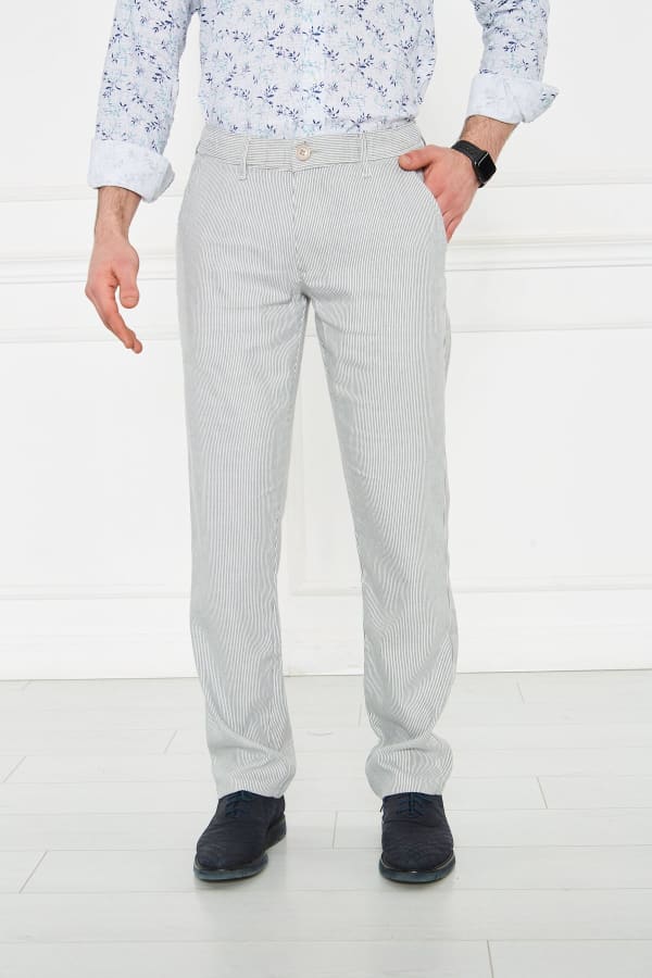Çizgili Lacivert Regular Fit %100 Keten Pantolon — 1