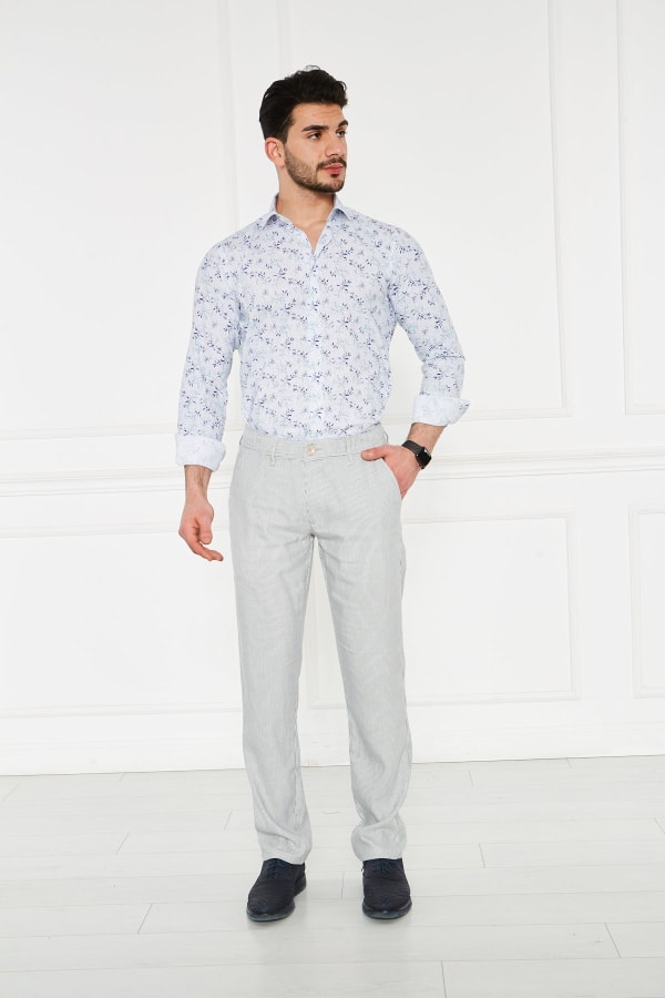Çizgili Lacivert Regular Fit %100 Keten Pantolon — 2