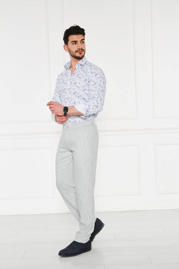 Çizgili Lacivert Regular Fit %100 Keten Pantolon — 3