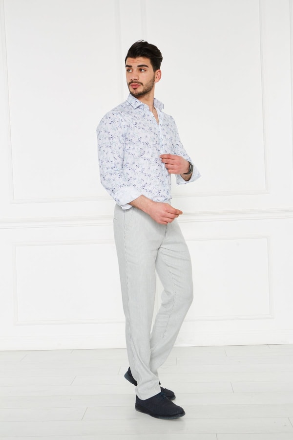 Çizgili Lacivert Regular Fit %100 Keten Pantolon — 4