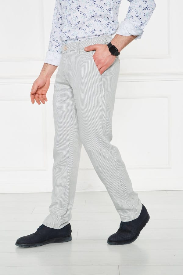 Çizgili Lacivert Regular Fit %100 Keten Pantolon — 5