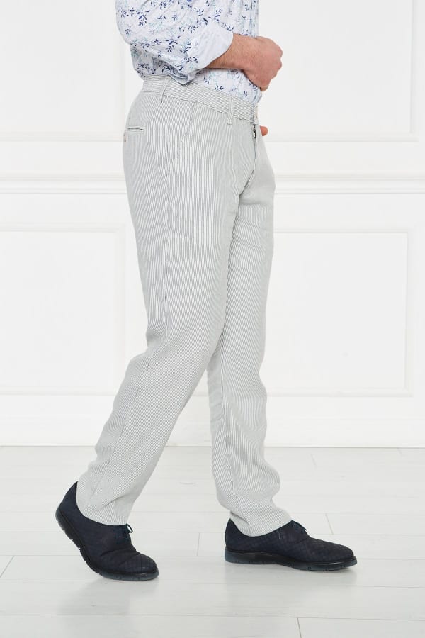 Çizgili Lacivert Regular Fit %100 Keten Pantolon — 6