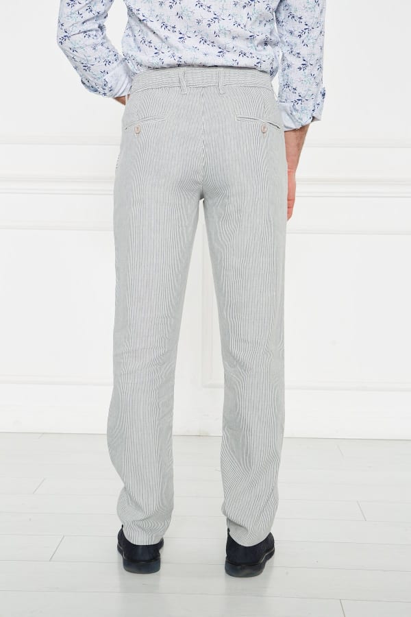 Çizgili Lacivert Regular Fit %100 Keten Pantolon — 7