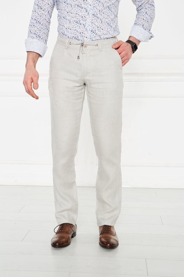 Erkek Lastikli Regular Fit %100 Keten Keten Gri Pantolon — 1