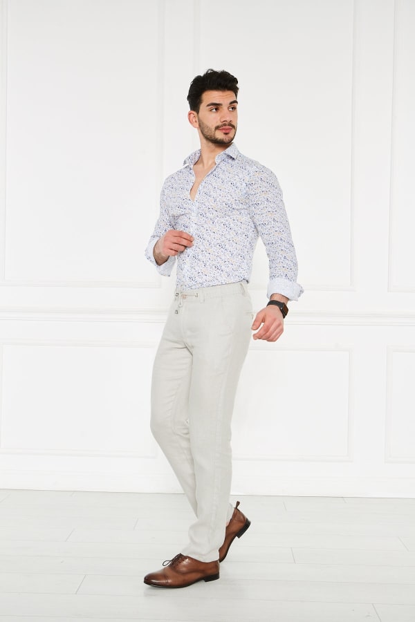 Erkek Lastikli Regular Fit %100 Keten Keten Gri Pantolon — 3
