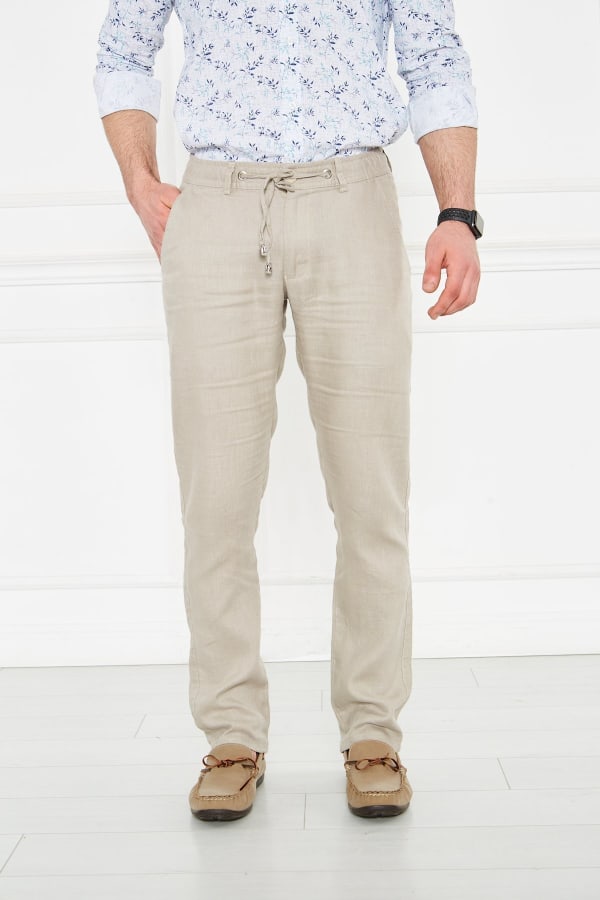 Erkek Lastikli Regular Fit %100 Keten Keten Koyu Bej Pantolon — 1