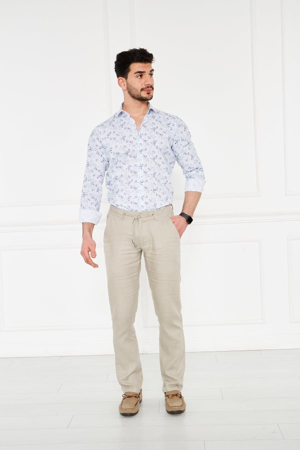 Erkek Lastikli Regular Fit %100 Keten Keten Koyu Bej Pantolon — 2