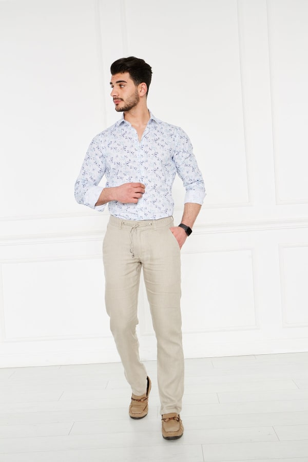 Erkek Lastikli Regular Fit %100 Keten Keten Koyu Bej Pantolon — 3