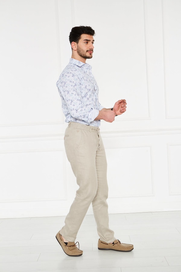 Erkek Lastikli Regular Fit %100 Keten Keten Koyu Bej Pantolon — 4