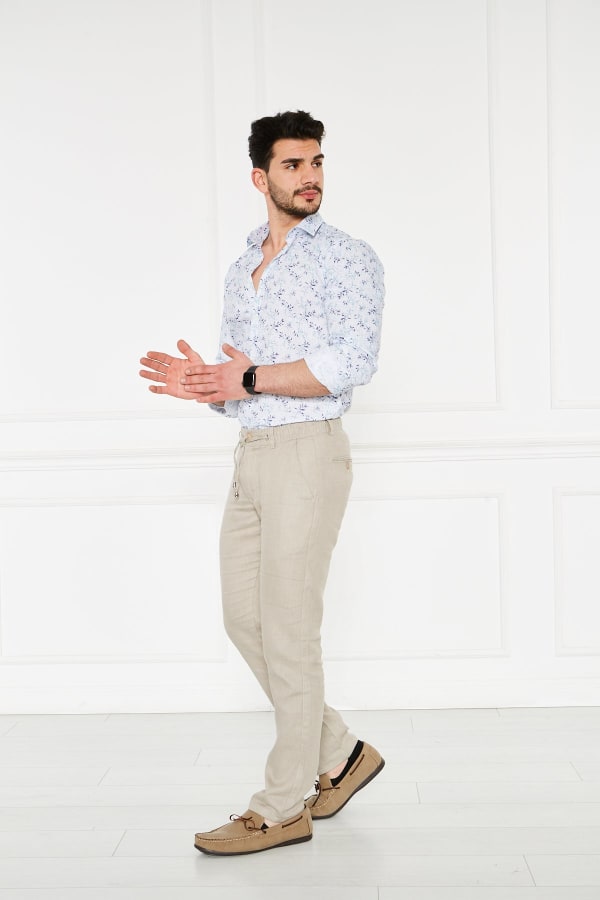Erkek Lastikli Regular Fit %100 Keten Keten Koyu Bej Pantolon — 5