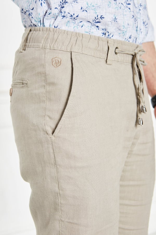 Erkek Lastikli Regular Fit %100 Keten Keten Koyu Bej Pantolon — 9