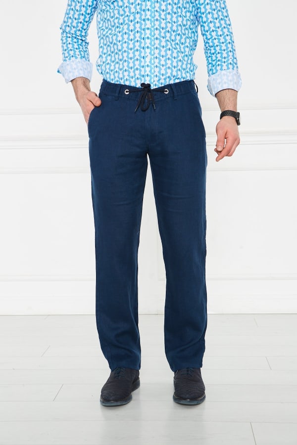 Erkek Lastikli Regular Fit %100 Keten Keten Açık Lacivert Pantolon — 1