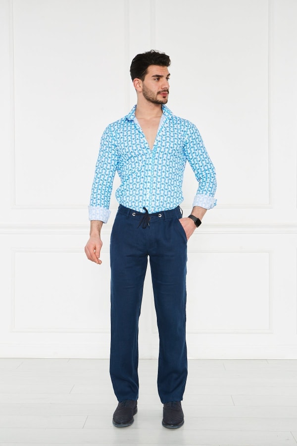 Erkek Lastikli Regular Fit %100 Keten Keten Açık Lacivert Pantolon — 2