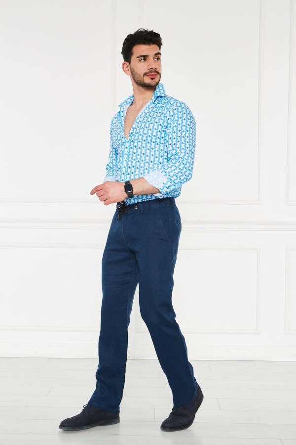 Erkek Lastikli Regular Fit %100 Keten Keten Açık Lacivert Pantolon — 3