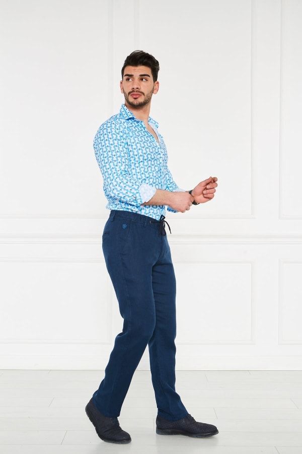 Erkek Lastikli Regular Fit %100 Keten Keten Açık Lacivert Pantolon — 4