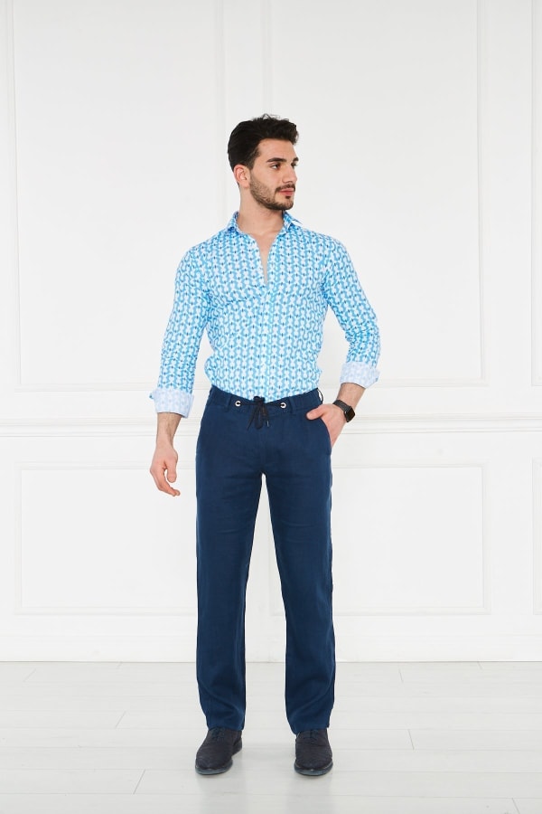 Erkek Lastikli Regular Fit %100 Keten Keten Açık Lacivert Pantolon — 5