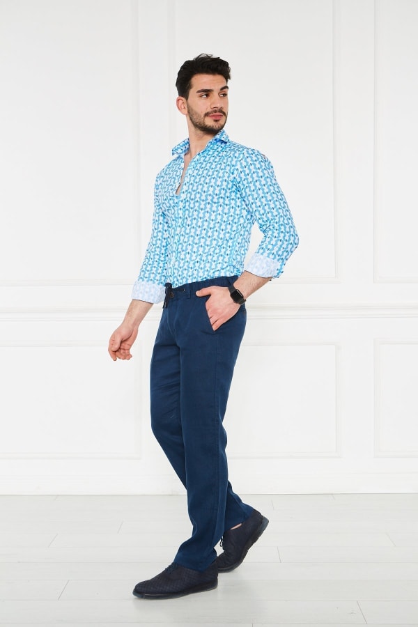 Erkek Lastikli Regular Fit %100 Keten Keten Açık Lacivert Pantolon — 6