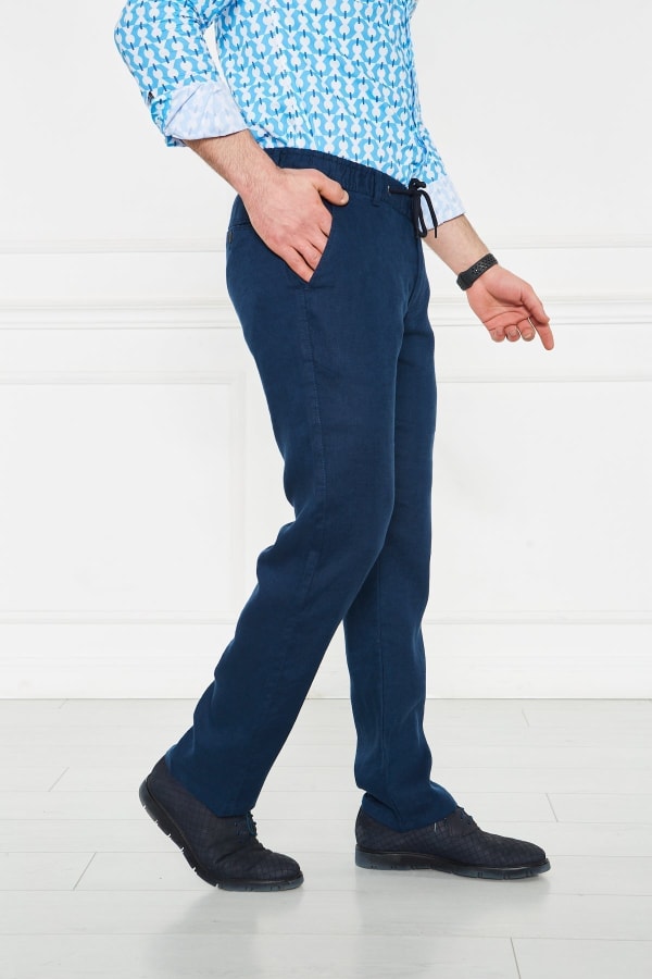 Erkek Lastikli Regular Fit %100 Keten Keten Açık Lacivert Pantolon — 7