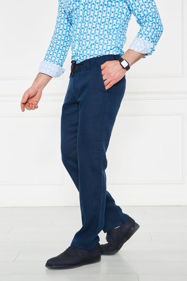 Erkek Lastikli Regular Fit %100 Keten Keten Açık Lacivert Pantolon — 8