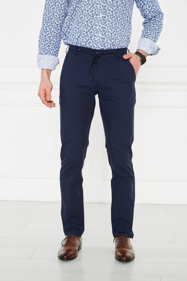 Erkek Lastikli Regular Fit %100 Keten Keten Lacivert Pantolon — 1