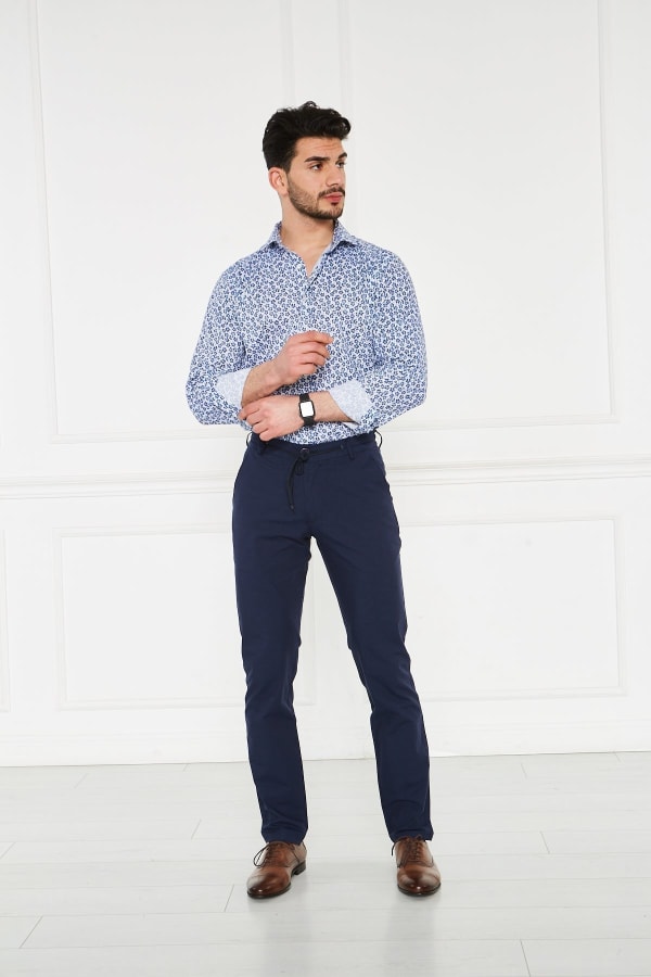Erkek Lastikli Regular Fit %100 Keten Keten Lacivert Pantolon — 2