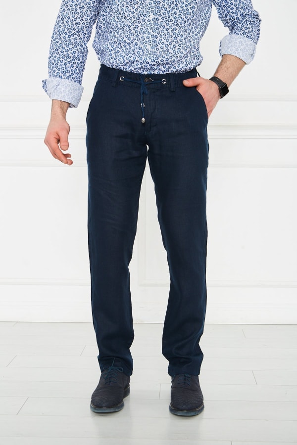 Erkek Lastikli Regular Fit %100 Keten Keten Koyu Lacivert Pantolon — 1