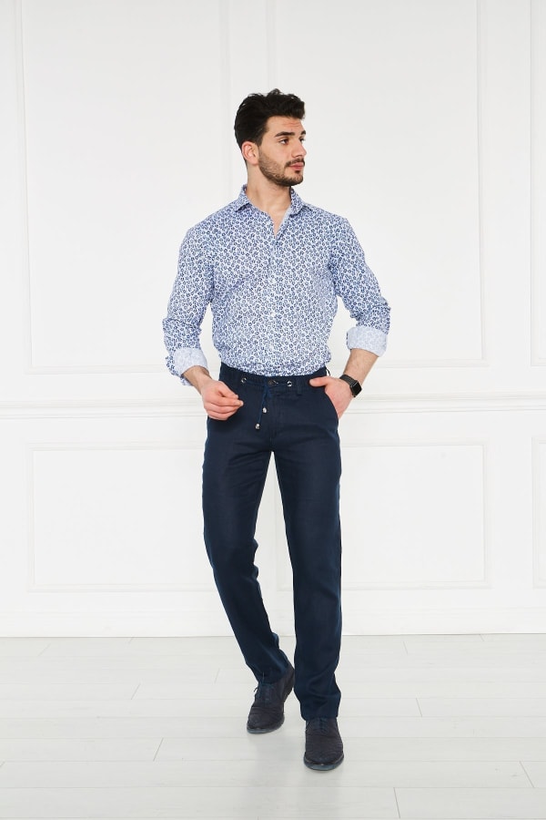 Erkek Lastikli Regular Fit %100 Keten Keten Koyu Lacivert Pantolon — 2