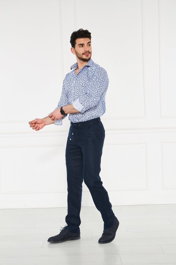 Erkek Lastikli Regular Fit %100 Keten Keten Koyu Lacivert Pantolon — 3