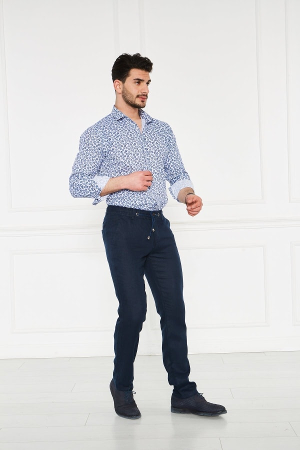 Erkek Lastikli Regular Fit %100 Keten Keten Koyu Lacivert Pantolon — 4