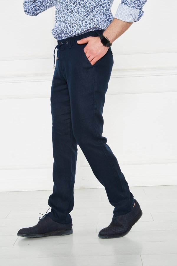 Erkek Lastikli Regular Fit %100 Keten Keten Koyu Lacivert Pantolon — 5