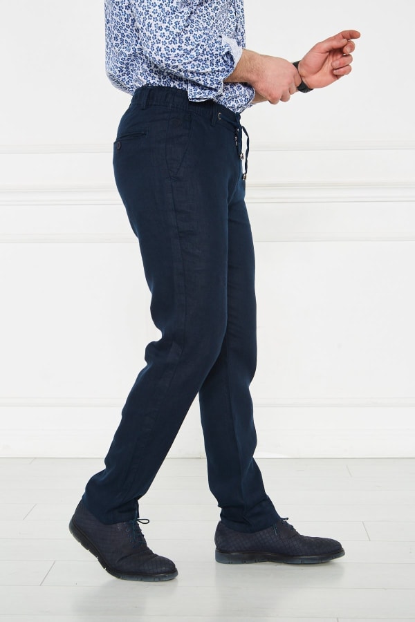 Erkek Lastikli Regular Fit %100 Keten Keten Koyu Lacivert Pantolon — 6