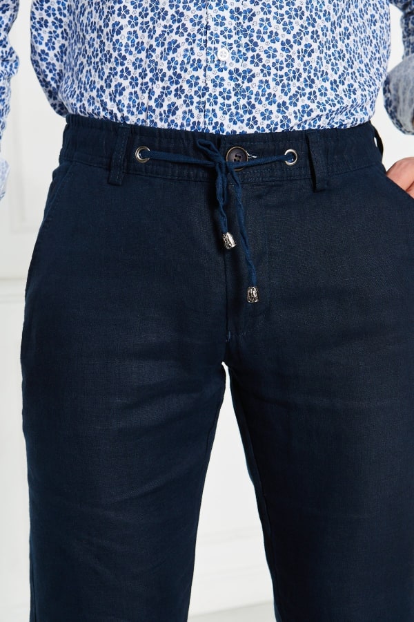 Erkek Lastikli Regular Fit %100 Keten Keten Koyu Lacivert Pantolon — 8