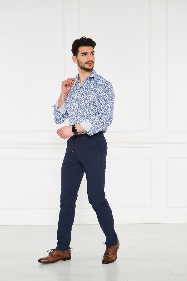Erkek Lastikli Regular Fit %100 Keten Keten Lacivert Pantolon — 4