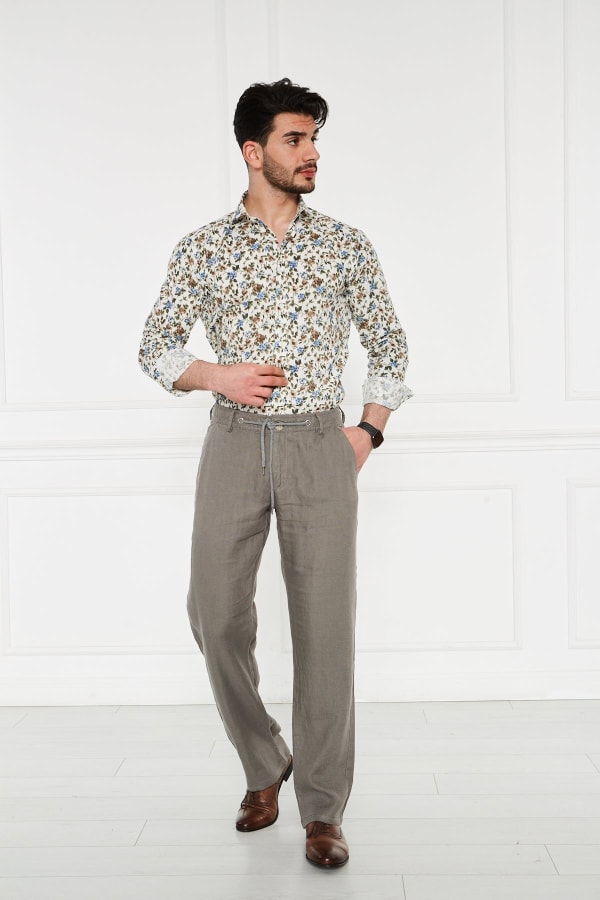 Erkek Lastikli Regular Fit %100 Keten Keten Haki Pantolon — 2