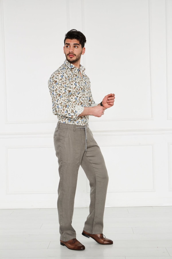Erkek Lastikli Regular Fit %100 Keten Keten Haki Pantolon — 3