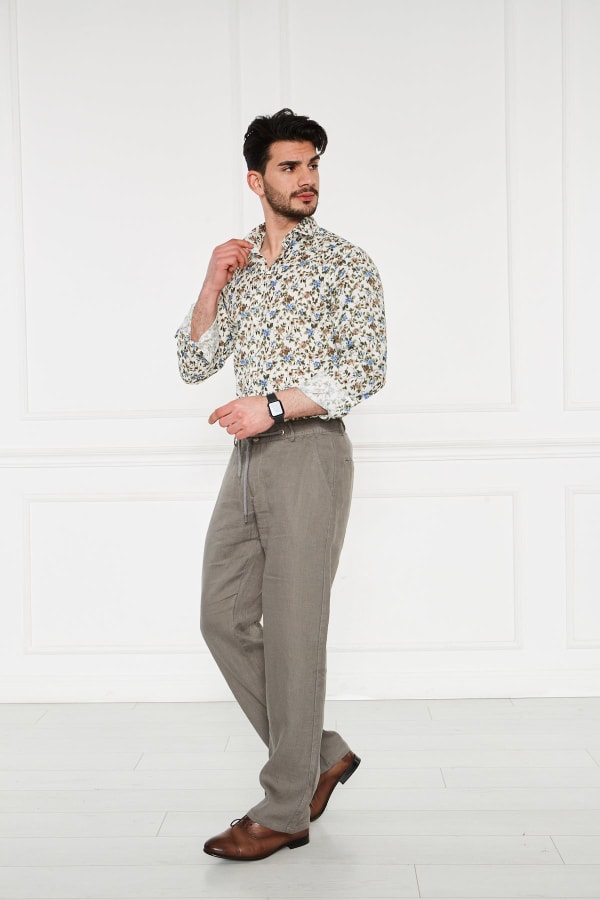 Erkek Lastikli Regular Fit %100 Keten Keten Haki Pantolon — 4