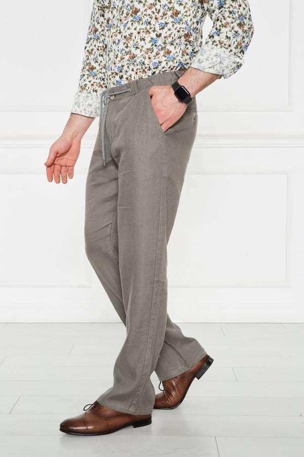 Erkek Lastikli Regular Fit %100 Keten Keten Haki Pantolon — 5
