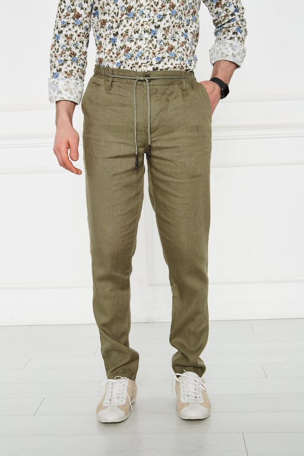 Erkek Lastikli Regular Fit %100 Keten Keten Yeşil Pantolon — 1