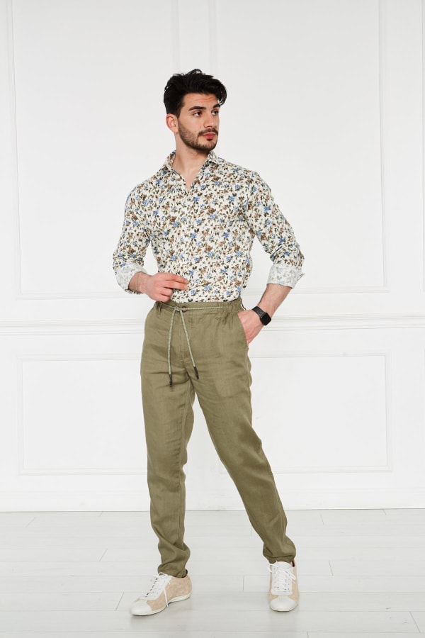 Erkek Lastikli Regular Fit %100 Keten Keten Yeşil Pantolon — 2
