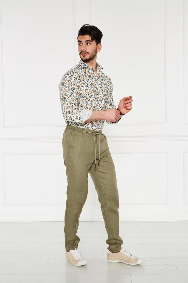 Erkek Lastikli Regular Fit %100 Keten Keten Yeşil Pantolon — 3
