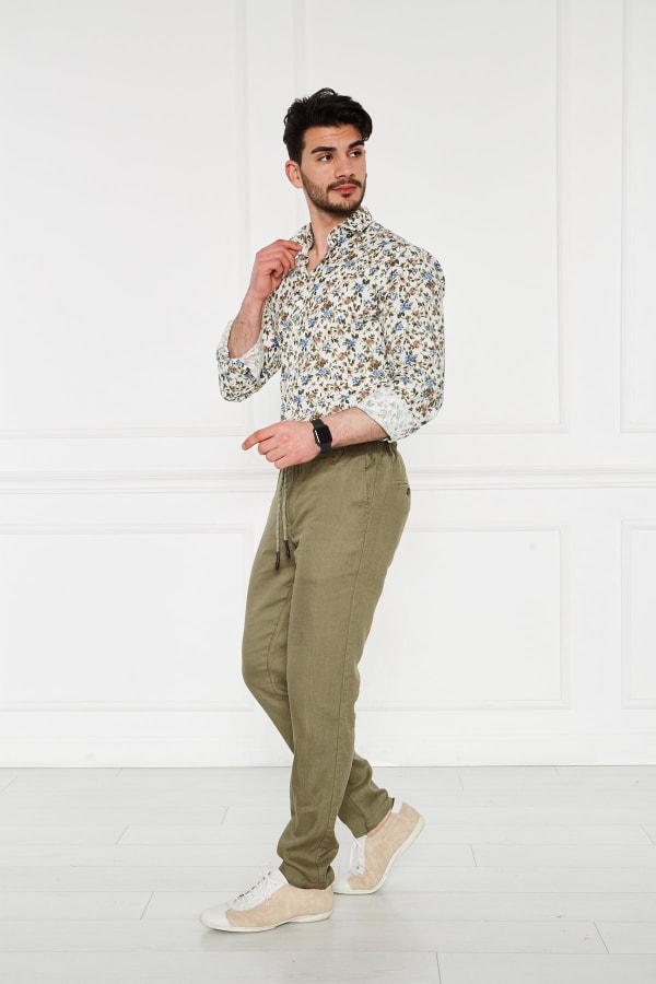Erkek Lastikli Regular Fit %100 Keten Keten Yeşil Pantolon — 4
