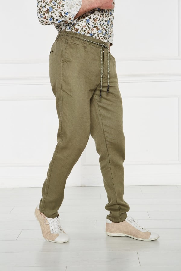 Erkek Lastikli Regular Fit %100 Keten Keten Yeşil Pantolon — 5