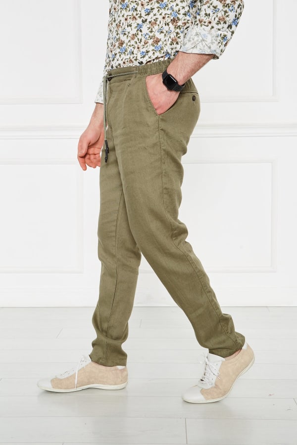 Erkek Lastikli Regular Fit %100 Keten Keten Yeşil Pantolon — 6