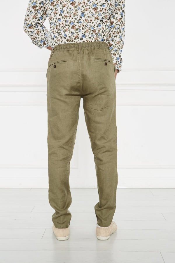 Erkek Lastikli Regular Fit %100 Keten Keten Yeşil Pantolon — 7