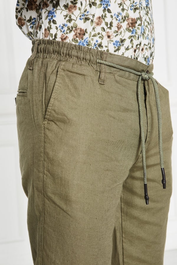 Erkek Lastikli Regular Fit %100 Keten Keten Yeşil Pantolon — 8