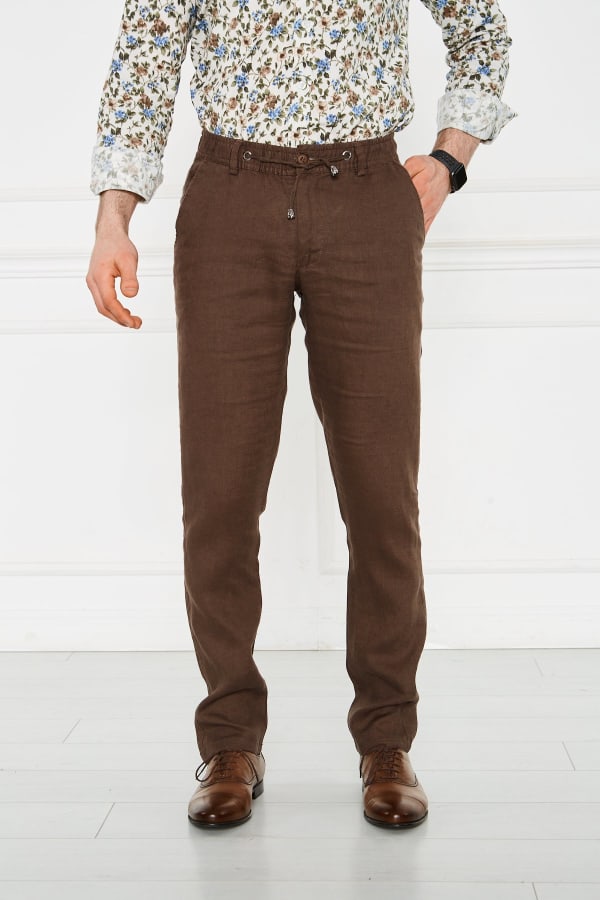 Erkek Lastikli Regular Fit %100 Keten Keten Kahve Pantolon — 1