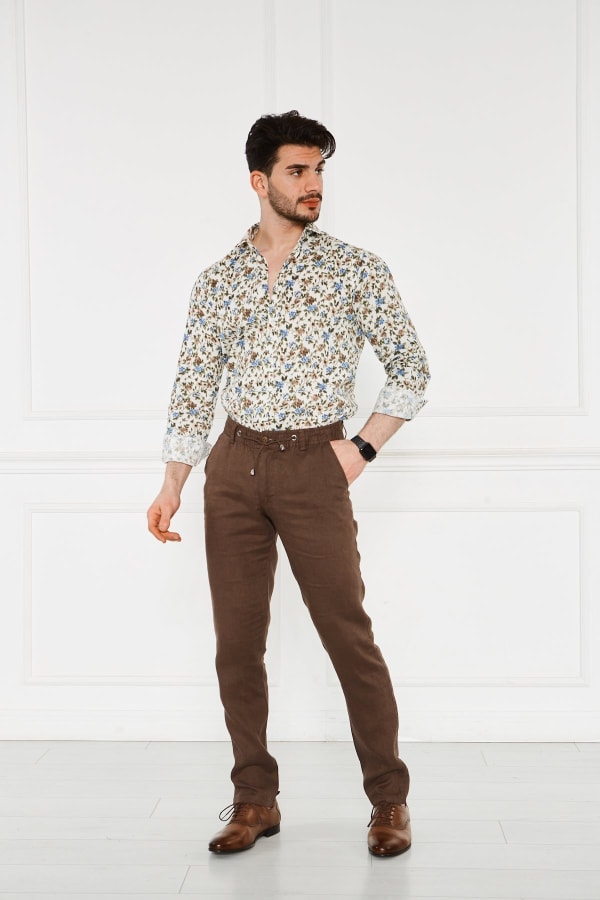 Erkek Lastikli Regular Fit %100 Keten Keten Kahve Pantolon — 2