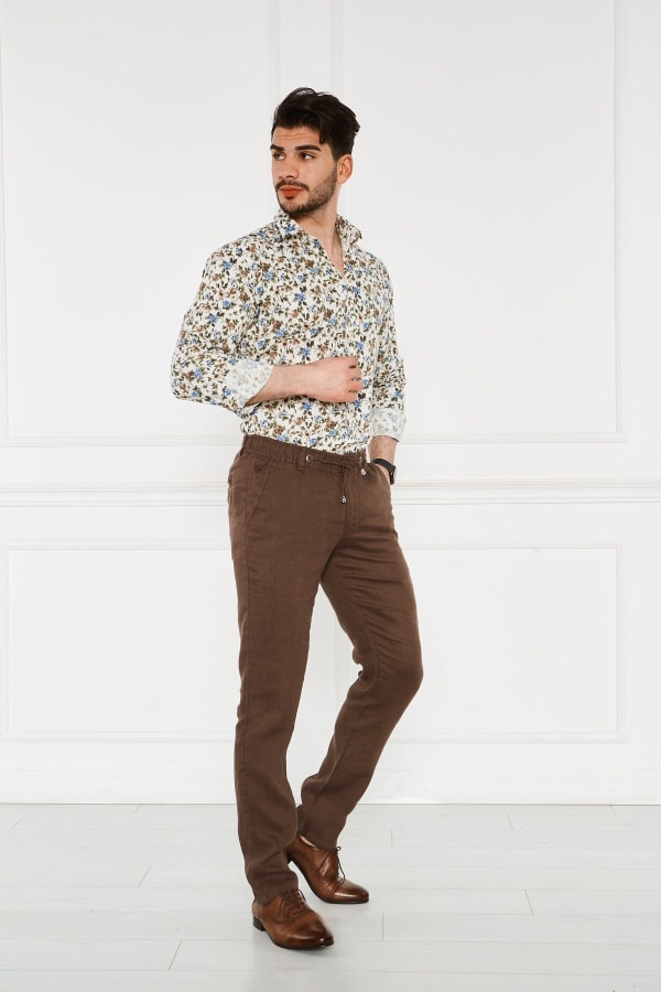 Erkek Lastikli Regular Fit %100 Keten Keten Kahve Pantolon — 3