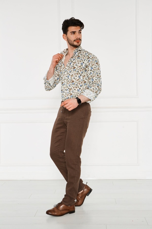 Erkek Lastikli Regular Fit %100 Keten Keten Kahve Pantolon — 4