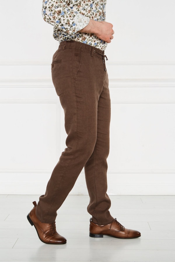 Erkek Lastikli Regular Fit %100 Keten Keten Kahve Pantolon — 5